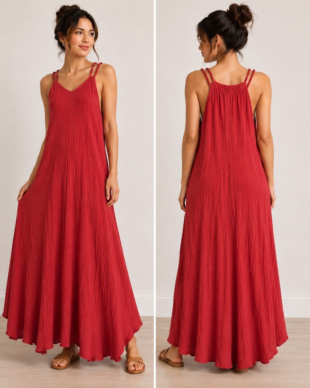 Garnet Hill Red Crinkle Cotton Gauze Twisted Strap Maxi Dress Petite Large PL